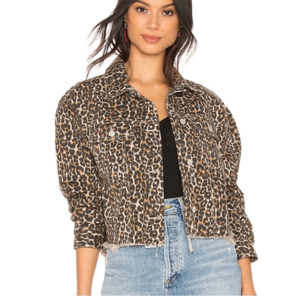 Free People Cheetah Print Denim Jacket Sz Small Oversized